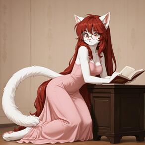 1girl :< animal_ears artist:azziai barefoot book breasts cat_ears cat_girl cat_tail dress full_body furry furry_female glasses holding holding_book indoors long_hair medium_breasts pink_dress red_eyes red_hair red_nails round_eyewear solo tail very_long_hair white_fur // 4096x4096 // 412KB