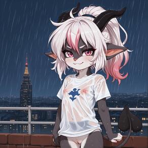 1girl animal_ears artist:azziai bottomless breasts character:lizzy_(azziai) cleft_of_venus furry furry_female horns loli looking_at_viewer multicolored_hair night nipples outdoors pink_hair ponytail pussy rain see-through see-through_shirt shirt small_breasts smile solo tail uncensored wet wet_clothes wet_shirt white_hair white_shirt // 4096x4096 // 630KB