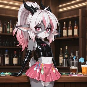 1girl animal_ears artist:azziai bar_(place) black_gloves black_shirt breasts character:lizzy_(azziai) condom condom_belt condom_packet_strip condom_wrapper crop_top cup drinking_glass elbow_gloves furry furry_female gloves horns loli long_hair miniskirt multicolored_hair navel pink_eyes pink_hair pink_skirt ponytail shirt skirt small_breasts solo tail used_condom white_hair // 4096x4096 // 544KB