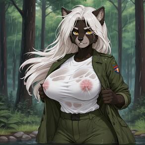 1girl animal_ears animal_nose artist:azziai belt breasts character:azzi covered_nipples forest furry furry_female green_pants large_breasts long_hair looking_at_viewer nature nipples no_bra open_clothes outdoors pants rain see-through shirt solo tree water wet wet_clothes wet_shirt white_hair white_shirt yellow_eyes // 4096x4096 // 527KB