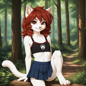 1girl animal_ears artist:azziai barefoot blue_skirt cat_ears cat_girl cat_tail character:azzi collarbone day flat_chest forest furry furry_female grass knee_up long_hair looking_at_viewer midriff nature navel outdoors paw_print pleated_skirt red_eyes red_hair sitting skirt smile solo tail tree tree_stump white_fur // 4096x4096 // 872KB