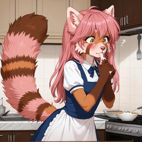 1girl ? animal_ear_fluff animal_ears apron artist:azziai body_fur brown_fur character:ellie_(azziai) dress furry furry_female indoors kitchen long_hair pink_hair solo tail // 4096x4096 // 556KB