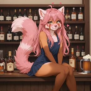 1girl ahoge alcohol animal_ears artist:azziai bar_(place) blue_dress blush bottle character:ellie_(azziai) cup dress fox_girl fox_tail furry furry_female heart heart-shaped_pupils long_hair looking_at_viewer pink_hair sitting sleeveless_dress solo symbol-shaped_pupils tail // 4096x4096 // 513KB
