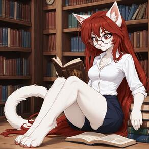 1girl animal_ear_fluff animal_ears artist:azziai barefoot body_fur book book_stack bookshelf breasts cat_ears cat_girl cat_tail clock collared_shirt furry furry_female glasses holding holding_book indoors long_hair medium_breasts red_eyes red_hair round_eyewear shirt shorts sitting skirt solo tail very_long_hair white_fur white_shirt // 4096x4096 // 652KB
