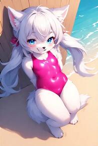 1girl animal_ears artist:furryfunparty beach blue_eyes character:yuki covered_navel female furry furry_female grin loli long_hair looking_at_viewer one-piece_swimsuit petite smile solo swimsuit tail twintails white_hair wolf // 512x768 // 31KB