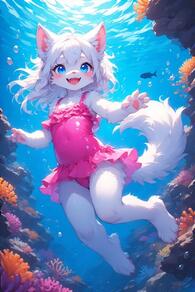 1girl animal_ears artist:furryfunparty blue_eyes blush casual_one-piece_swimsuit character:yuki coral covered_navel fangs female fish frilled_one-piece_swimsuit frills furry furry_female loli one-piece_swimsuit open_mouth pawpads pink_one-piece_swimsuit smile solo swimsuit tail underwater white_hair wolf // 512x768 // 54KB