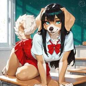 1girl animal_ears animal_nose arm_support artist:humble_grifter black_hair body_fur bow bowtie breasts chalkboard classroom collared_shirt desk dog_ears dog_girl dog_tail furry furry_female indoors long_hair looking_at_viewer pleated_skirt red_bow red_bowtie red_skirt school_desk school_uniform shirt short_sleeves skirt snout solo tail white_shirt // 2000x2000 // 229KB