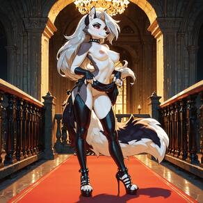 1girl animal_ears artist:humble_grifter black_gloves black_thighhighs breasts clothes_lift collar colored_sclera fingerless_gloves full_body furry furry_female gloves high_heels indoors lifted_by_self long_hair looking_at_viewer medium_breasts navel nipples pussy red_eyes red_sclera skirt skirt_lift snout solo spiked_collar spikes standing tail thighhighs wolf_ears wolf_girl wolf_tail // 1600x1600 // 231KB