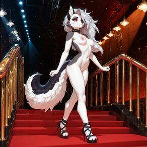 1girl animal_ears animal_nose artist:humble_grifter black_footwear body_fur breasts closed_mouth collar colored_sclera full_body furry furry_female grey_hair hair_over_one_eye high_heels indoors legs long_hair looking_at_viewer medium_breasts navel nipples nude red_eyes red_sclera snout solo spiked_collar spikes stairs standing stomach tail white_fur wolf_ears wolf_girl wolf_tail // 1600x1600 // 182KB
