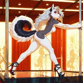 1girl animal_ears artist:humble_grifter ass audience black_footwear body_fur breasts collar full_body furry furry_female high_heels indoors long_hair medium_breasts nude red_eyes snout solo_focus spiked_collar spikes tail white_fur wolf_ears wolf_girl wolf_tail // 1600x1600 // 206KB