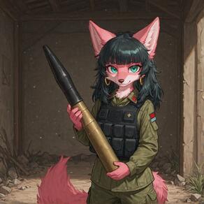 1girl animal_ears animal_nose artist:ohlawdhecummin black_hair bulletproof_vest earrings furry furry_female green_jacket holding hoop_earrings jewelry long_hair long_sleeves looking_at_viewer military military_uniform pants patch pink_fur smile solo tail uniform // 1656x1656 // 139KB