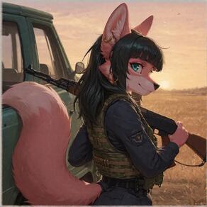 1girl animal_ears animal_nose artist:ohlawdhecummin black_hair blunt_bangs body_fur border closed_mouth earrings from_behind furry furry_female gun holding holding_gun holding_weapon hoop_earrings jewelry long_hair long_sleeves looking_at_viewer looking_back motor_vehicle outdoors rifle smile snout solo tail weapon // 1656x1656 // 131KB
