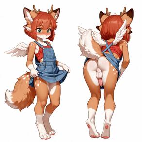 4ears antlers artist:aecii_3d character:rubi(aecii_3d) denim_overalls denim_skirt digitigrade erection femboi flat_chest green_eyes nose:pink overalls pawpads penis penis:erect pink_nose solid_background tail tail:fox testicles tucked wings wings:feathered // 1024x1024 // 69KB