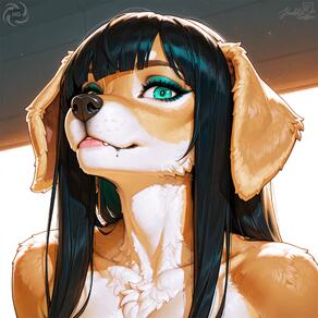 1girl animal_ears artist:humble_grifter black_hair body_fur dog_ears dog_girl furry furry_female green_eyes long_hair looking_at_viewer makeup portrait snout solo // 2000x2000 // 205KB