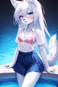 1girl animal_ear_fluff animal_ears artist:furryfunparty blue_eyes blue_skirt blush bra breasts character:yuki female furry furry_female loli long_hair looking_at_viewer open_mouth petite plaid plaid_skirt pleated_skirt pool see-through shirt skirt solo tail underwear water wet wet_clothes wet_shirt white_hair white_shirt wolf // 512x768 // 46KB