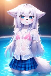 1girl animal_ears arms_behind_back artist:furryfunparty bikini blue_eyes blue_skirt blush bra character:yuki female furry furry_female loli long_hair looking_at_viewer open_mouth petite pink_bikini plaid plaid_skirt pleated_skirt pool see-through shirt skirt solo swimsuit tail water wet wet_clothes wet_shirt white_hair white_shirt wolf // 512x768 // 42KB
