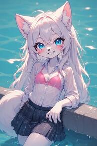 1girl ahoge animal_ear_fluff animal_ears artist:furryfunparty black_skirt blue_eyes blush bra character:yuki female furry furry_female loli long_hair looking_at_viewer petite pink_bra plaid plaid_skirt pleated_skirt see-through shirt skirt smile solo tail underwear water wet wet_clothes wet_shirt white_hair white_shirt wolf // 512x768 // 50KB