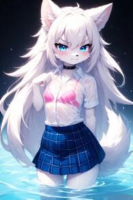 1girl animal_ears artist:furryfunparty blue_eyes blue_skirt blush bra character:yuki collar female furry furry_female loli long_hair looking_at_viewer petite plaid plaid_skirt pleated_skirt see-through shirt skirt solo tail underwear very_long_hair wading water wet wet_clothes wet_shirt white_hair white_shirt wolf // 512x768 // 38KB