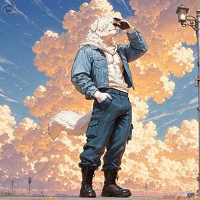 1boy animal_ears artist:humble_grifter artist_logo black_footwear blue_sky boots cloud cloudy_sky denim dog_boy dog_ears dog_tail full_body furry furry_male hand_in_pocket hood jacket lamppost male_focus outdoors pants pocket sky solo standing tail white_fur // 2000x2000 // 338KB