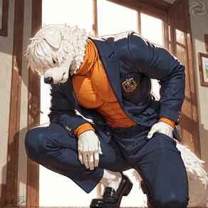 1boy animal_ears artist:humble_grifter artist_logo bara black_footwear dog_boy dog_ears door furry furry_male indoors jacket looking_at_viewer male_focus muscular muscular_male pants pectorals shoes signature solo sweater tail turtleneck turtleneck_sweater white_fur // 2000x2000 // 239KB