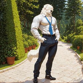 1boy animal_ears artist:humble_grifter bara bush dog_boy dog_ears dog_tail full_body furry furry_male hands_in_pockets large_pectorals male_focus muscular muscular_male necktie outdoors pants pectorals plant shirt solo tail tree white_shirt // 2000x2000 // 502KB
