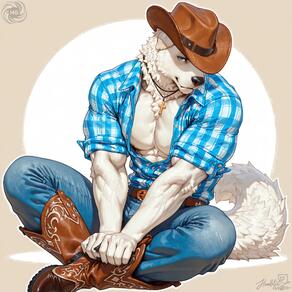 1boy abs artist:humble_grifter bara belt blue_eyes blue_shirt boots brown_footwear cowboy_hat cross cross_necklace denim dog_boy furry furry_male hat jeans jewelry leather_belt looking_at_viewer male_focus muscular muscular_male necklace open_shirt pants pectoral_cleavage pectorals plaid_shirt shirt sitting smile solo tail // 2000x2000 // 260KB