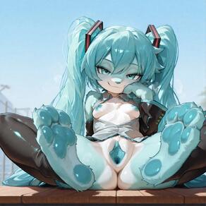 1girl aqua_eyes artist:ohlawdhecummin body_fur breasts detached_sleeves feet furrification furry furry_female hair_between_eyes hair_ornament long_hair looking_at_viewer nipples open_shirt pussy shirt sitting small_breasts smile soles solo spread_legs thighhighs toes twintails uncensored very_long_hair // 1560x1560 // 135KB