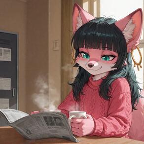 1girl animal_ears artist:ohlawdhecummin black_hair blunt_bangs cable_knit cup earrings furry furry_female holding holding_cup hoop_earrings indoors jewelry long_hair newspaper red_sweater smile solo steam sweater tail // 1656x1656 // 163KB