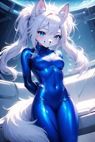 1girl animal_ear_fluff animal_ears arms_behind_back artist:furryfunparty blue_bodysuit blue_eyes bodysuit breasts character:yuki covered_navel female furry furry_female grin latex loli long_hair looking_at_viewer petite skin_tight smile solo tail twintails white_hair // 512x768 // 47KB