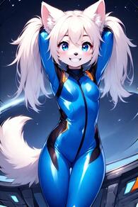 1girl animal_ears animal_nose arms_behind_head arms_up artist:furryfunparty blue_bodysuit blue_eyes blush bodysuit breasts character:yuki female furry furry_female grin latex loli long_hair looking_at_viewer petite small_breasts smile solo tail twintails white_hair zero_suit // 512x768 // 44KB