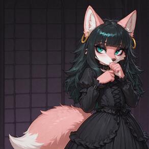 artist:ohlawdhecummin bangs black_hair character:pip(ohlawdhecummin) earrings eyeliner goth long_hair makeup pink_fur shy teal_eyes // 1584x1584 // 232KB