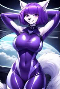 1girl animal_ears animal_nose armpits arms_behind_head arms_up artist:furryfunparty bodysuit breasts character:violet covered_navel earth_(planet) female furry furry_female large_breasts latex looking_at_viewer planet purple_eyes purple_hair short_hair smile solo tail wolf // 512x768 // 41KB