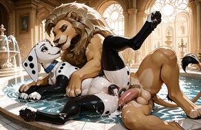 after_sex artist:PepperwaveAI background canine_pussy cum cum_leaking_from_pussy dalmatian female feral hetero licking lion male sex // 1920x1248 // 221KB