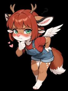 1girl 4ears anthro antlers artist:aecii_3d background character:rubi(aecii_3d) chibi chimera denim female fox_tail green_eyes hair hearts overalls pink_nose red_hair shorts solid t-shirt white_paws wings:feathered // 768x1024 // 76KB