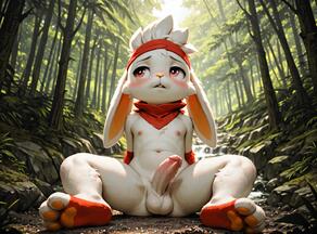 1boy animal_ears animal_nose artist:PepperwaveAI balls blush body_fur erection forest furry furry_male male male_focus nature nipples nude on_ground outdoors penis pokemon rabbit_boy rabbit_ears raboot red_bandana red_eyes red_headband rock shota sitting solo spread_legs testicles tree uncensored // 1536x1136 // 148KB