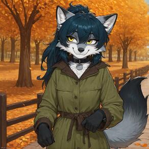 1girl animal_ears artist:ohlawdhecummin autumn autumn_leaves coat collar furry furry_female long_hair long_sleeves looking_to_the_side outdoors ponytail smile solo tail tree wolf_ears wolf_girl wolf_tail yellow_eyes // 1656x1656 // 198KB