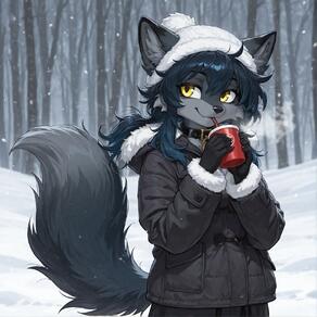 1girl animal_ears artist:ohlawdhecummin blue_hair coat collar cup fur-trimmed_hood fur_trim furry furry_female hat holding holding_cup hood long_sleeves outdoors smile snow snowing solo tail wolf_tail yellow_eyes // 1656x1656 // 151KB