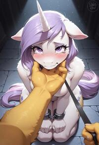 anthro artist:stableheat character:fleur_de_lis handcuffs leash male_pov naked on_knees pony unicorn // 832x1216 // 61KB