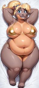 1girl animal_ears anthro armpits arms_behind_head bbw belly bikini blonde_hair blue_eyes breasts breasts_apart chubby full_body furry furry_female gold_bikini hippo hippopotamus large_breasts looking_at_viewer lying navel obese on_back ponytail smile snout solo swimsuit thick_arms thick_thighs thighs // 720x1616 // 75KB