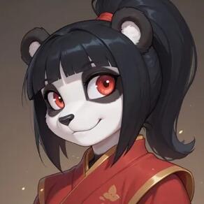 1girl ai_generated artist:Spazzle bangs black_hair character:scarlett female japanese_clothing looking_at_viewer ponytail red_eyes smile solo species:panda // 400x400 // 12KB