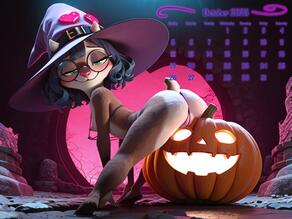 _Biquette artist:exhor blue_hair brown_fur calendar character:Charlotte flat_chest g-string goat green_eyes halloweens October // 5120x3840 // 475KB