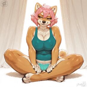 1girl animal_ears animal_nose artist:humble_grifter barefoot body_fur bow_panties breasts brown_eyes brown_fur cameltoe cleavage closed_mouth collarbone covered_nipples curtains dog_ears dog_girl dog_tail full_body furry furry_female indian_style large_breasts orange_fur panties pink_hair short_hair sitting smile solo tail underwear // 2000x2000 // 150KB