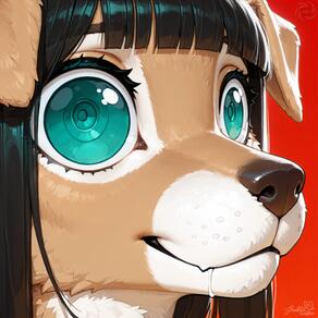 1girl artist:humble_grifter black_hair blunt_bangs close-up dog dog_ears drooling furry portrait red_background saliva signature simple_background solo // 2000x2000 // 147KB