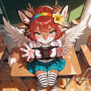 1girl 4ears antlers artist:aecii_3d character:rubi(aecii_3d) class_room flower fox_tail headband hibiscus panties pink_nose presenting_panties school sitting_on_desk skirt thighhighs thighhighs:striped view_from_above wings:feathered // 1024x1024 // 179KB