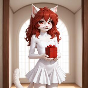 1girl animal_ear_fluff animal_ears artist:azziai body_fur cat_ears cat_girl cat_tail cowboy_shot dress fangs furry furry_female gift holding holding_gift indoors long_hair looking_at_viewer open_mouth red_eyes red_hair smile solo tail white_dress white_fur // 4096x4096 // 392KB