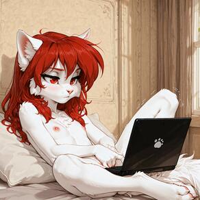1girl animal_ear_fluff animal_ears animal_feet animal_nose artist:azziai barefoot blush body_fur character:azzi claws closed_mouth collarbone completely_nude computer female_masturbation flat_chest full_body furry furry_female indoors laptop long_hair masturbation nipples nude on_bed pillow pussy red_eyes red_hair sitting snout solo spread_legs tail trembling two-tone_fur uncensored white_fur window // 4096x4096 // 626KB