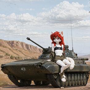1girl animal_ears animal_nose artist:azziai barefoot bird breasts caterpillar_tracks character:azzi cloud day furry furry_female long_hair military military_vehicle motor_vehicle navel outdoors red_eyes red_hair shorts sitting sky small_breasts solo tail tank toeless_legwear // 4096x4096 // 674KB