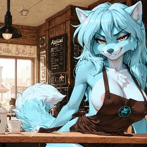 1girl animal_ears apron areola_slip artist:azziai blue_fur blue_hair breasts cafe cleavage collarbone cup fangs furry furry_female indoors large_breasts long_hair looking_at_viewer naked_apron nipple_slip smile solo tail white_fur wolf_ears wolf_girl wolf_tail // 4096x4096 // 815KB