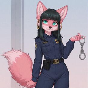 artist:ohlawdhecummin belt character:pip(ohlawdhecummin) handcuffs pink_fur police_uniform simple_backround teal_eyes // 1656x1656 // 208KB
