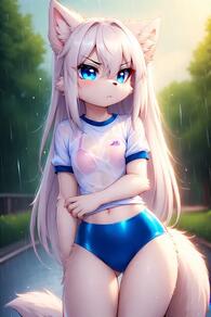 1girl animal_ear_fluff animal_ears artist:furryfunparty ass_visible_through_thighs blue_buruma blue_eyes bra buruma character:yuki female furry furry_female gym_uniform loli long_hair navel outdoors petite pink_bra rain see-through shirt short_sleeves solo tail underwear wet wet_clothes wet_shirt white_hair white_shirt wolf // 512x768 // 36KB